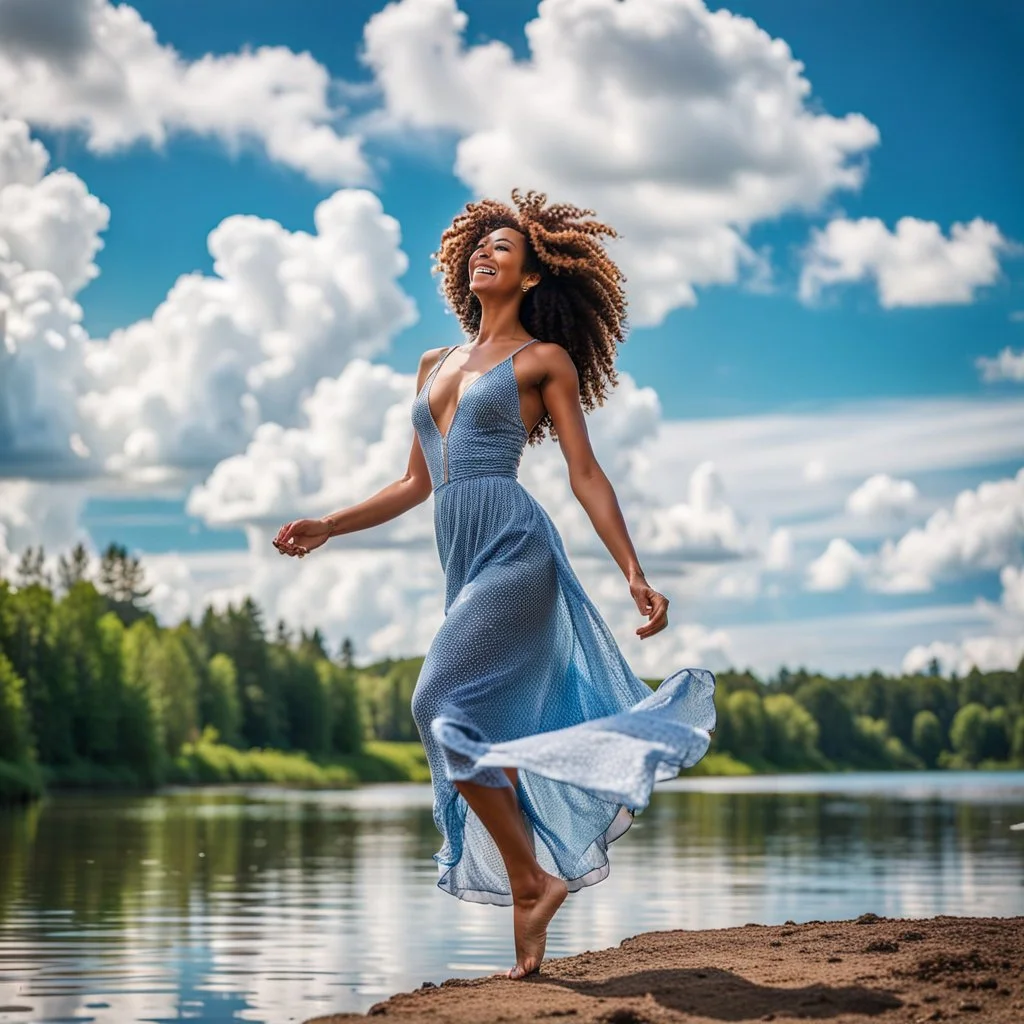 full body shot of very beautiful lady dancing in country side , curly hair ,next to small clean water river,pretty clouds in blue sky