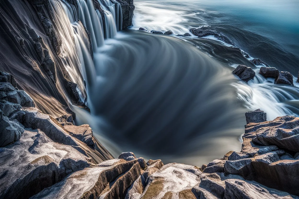 at the base of the rocky mountain peninsula, a great whirlpool waterfalls into deeper unknown depths