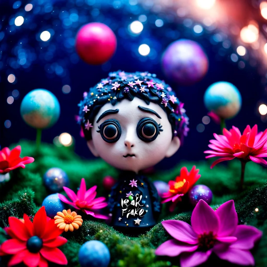 Fake people made of modeling clay, naïve, stars and planets, flowers, naïve, Tim Burton, sparkles, Harry Potter, bokeh