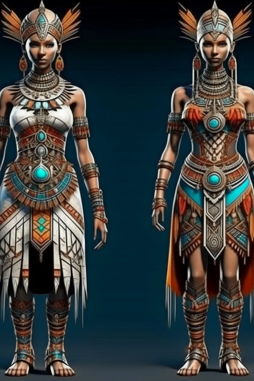 full body. cute. Fashion concept. Clothing style variations: think of a Unique and complicated tribal with jewels. 2 models, front and back. Hyper-detail. 8k quality.