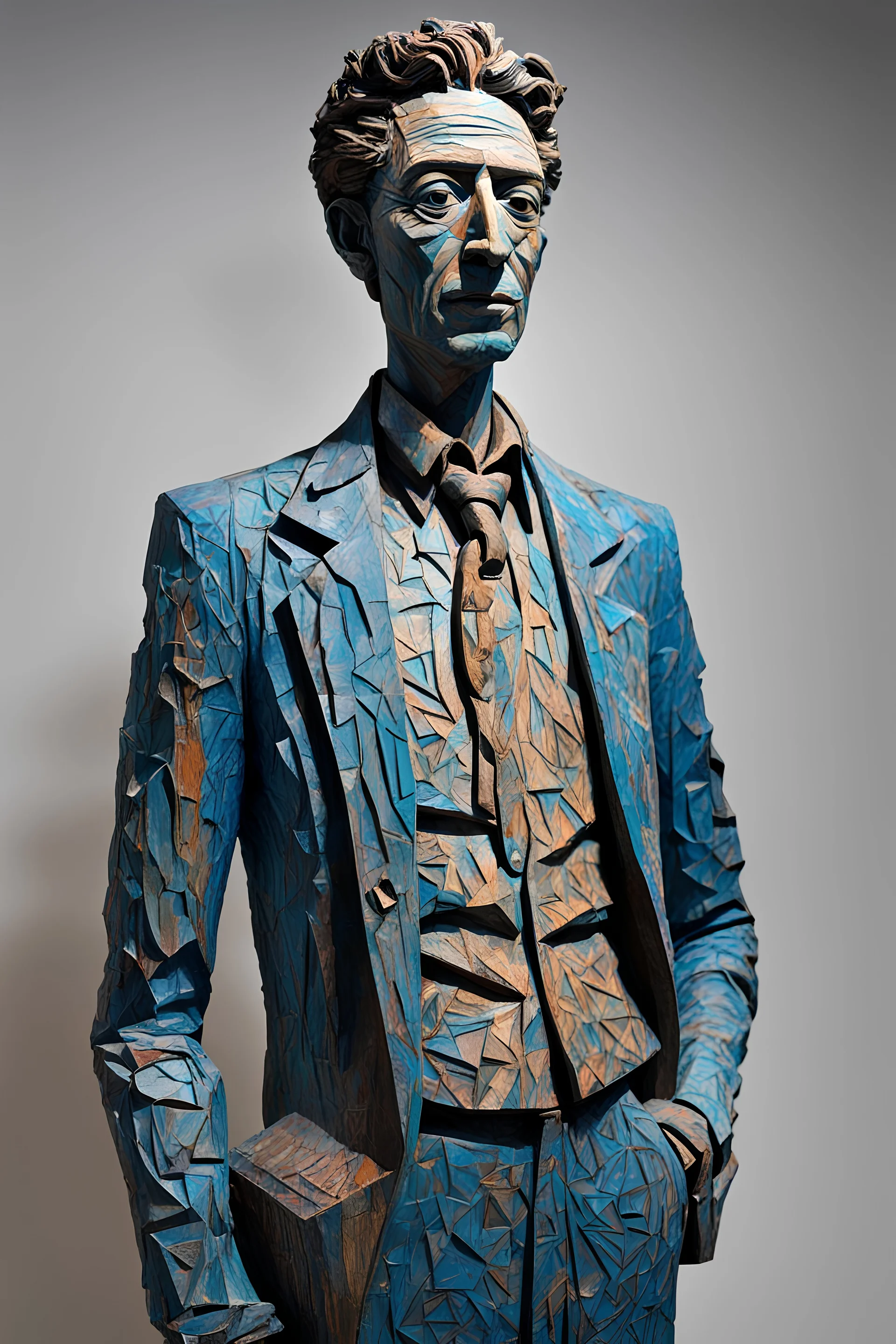 A life-size, emotionally charged male figure of Alberto Giacometti, carved with intricate details borrowed from Henry Moore's design language. Picasso's blue colors paint the figure with a heavy dose of emotion, while Egon Schiele's expression fuels the intensity of his expression. Zoran Music's intricate details emerge in the form of a swirling, rhythmic pattern, adding an unusual dimension to the painting.