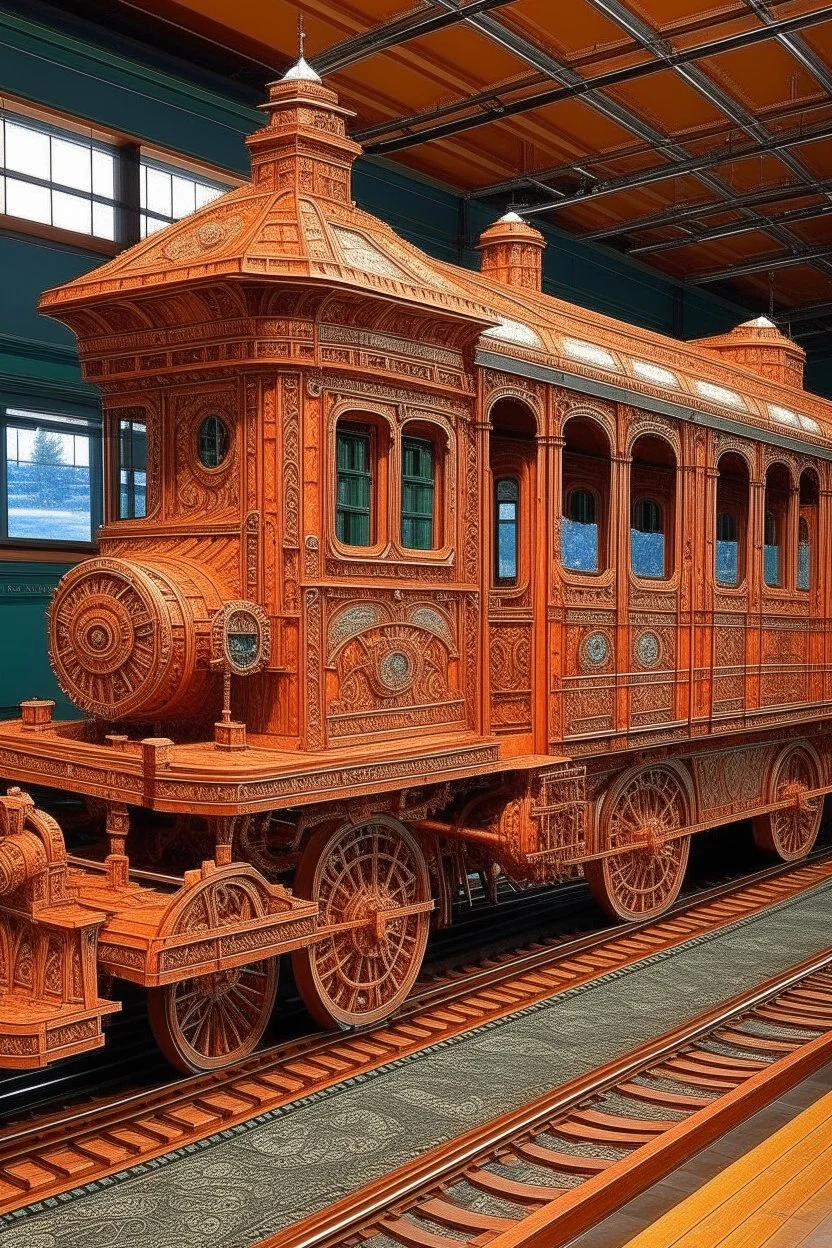 A salmon orange colored steampunk train station designed in Navajo woven art painted by Vincent van Gogh