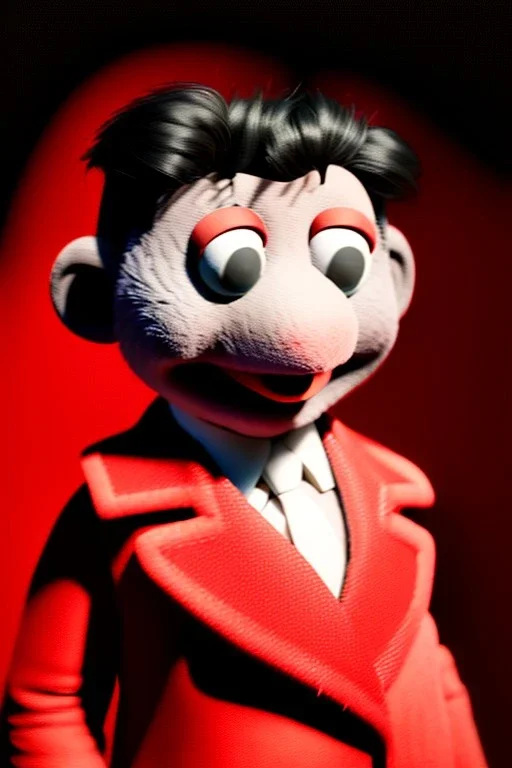 Waist up muppet Portrait, Kim Jong-un muppet doll, black suit, photo studio, red background, unreal engine 5, concept art, art station, god lights, ray tracing, RTX, lumen lighting, ultra detail, volumetric lighting, 3d.