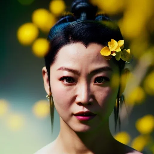 Chun-li underwater with yellow flowers for hair, closed eyes, rtx, reflection, 8k, glow, winning photography, caustics