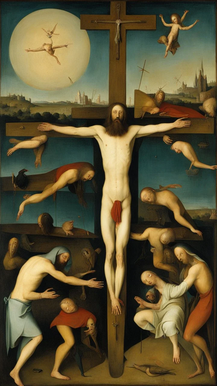 Hieronymus Bosch style , nightmares. Jesus on the cross