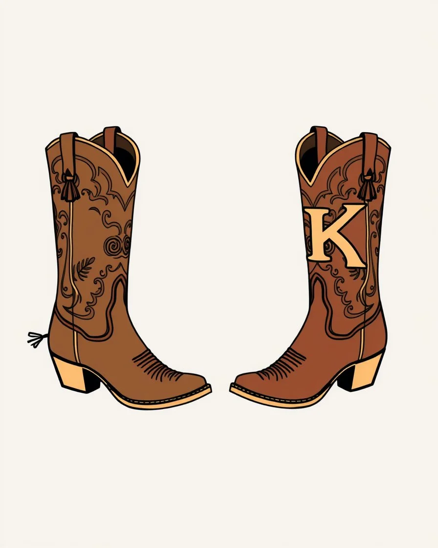 a pair of cowgirl boots with a large "K" in the pattern on the side of the closer boot. Vector illustration