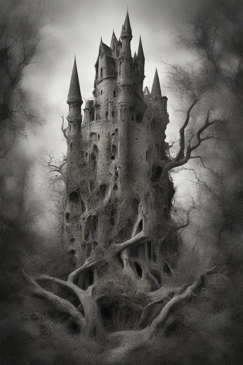 surrealis monochrome A fragmented, surreal sculpture liguid color of photorealistic image 3d,psychedelic art of an castle surrounded by trees-glossy emerging from dreamlike a crumbling building. The face appears pale with deep cracks and intricate details, evoking a haunting expression. Blackened tree branches intertwine with the gold mengkilat cracks, set against a backdrop of stormy, cloud-filled skies. bauhaus art The overall tone is dark and moody, suggesting themes of decay and transfor