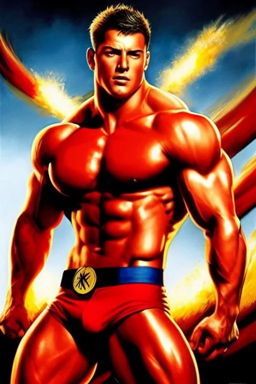 Ignore NSFW, teenager young rugged attractive slightly muscular fantastic handsome man, red briefs with yellow belt, hairy chest, (((visibly pisssing))) briefs, large erect visible boner peniss, photorealistic, artist Jay Anacleto