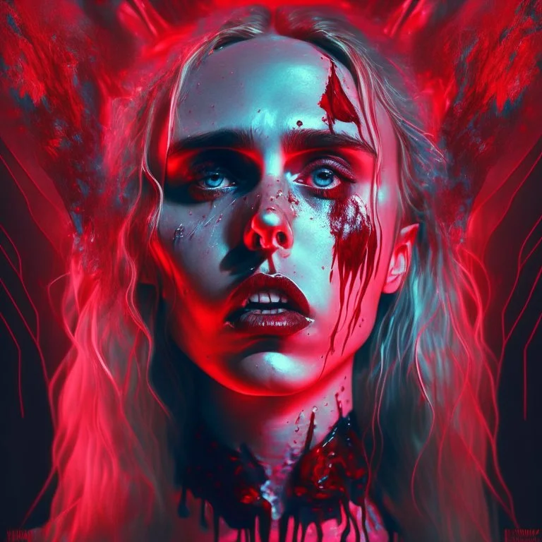 Singer Danish MØ face, blood, futuristic, iridescent, guts, wildflower, cosmic, intricate, darkred tones,