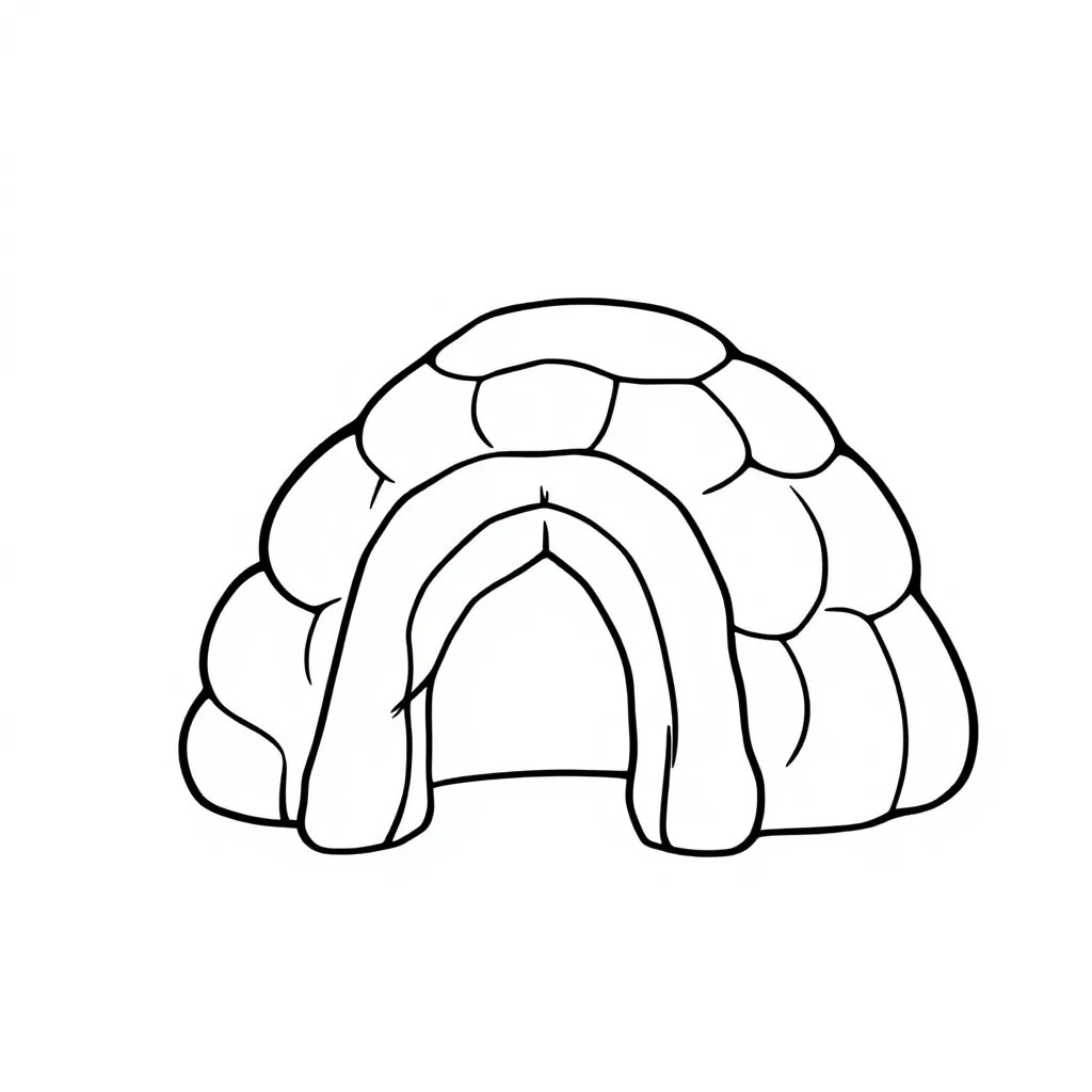 A black and white cute drawing of igloo. Only outline, white background,for kids