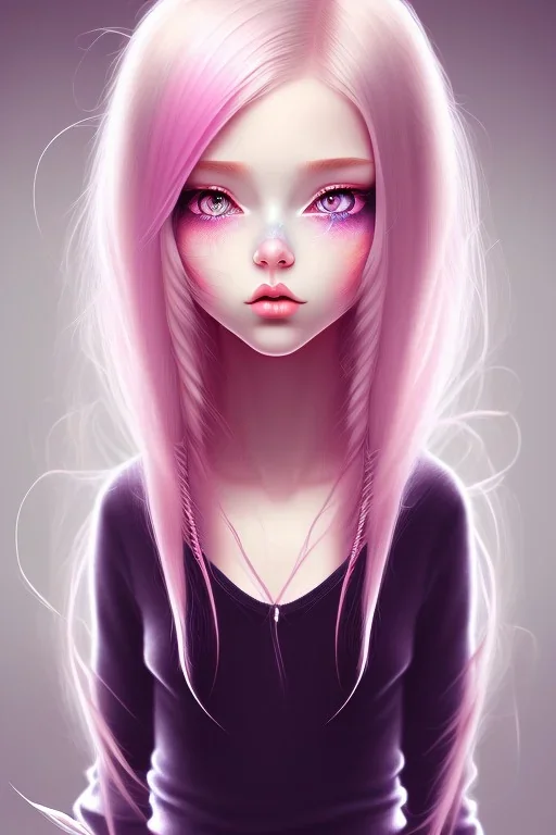 girl, holding knife, cute, beautiful, big nose, pink hair, long hair, blue eyes, black sweater, blushing