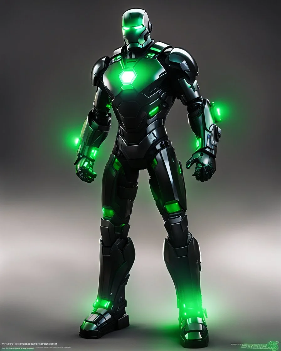 Super IRONMAN armor, kryptonite powered, black armor, black chrome, green lights, built by wayne enterprises, designed by stark industrieshttps://stablecog.com/generate?o=37b70ee1-cbf6-4de2-8ffe-0e02f33ce34f