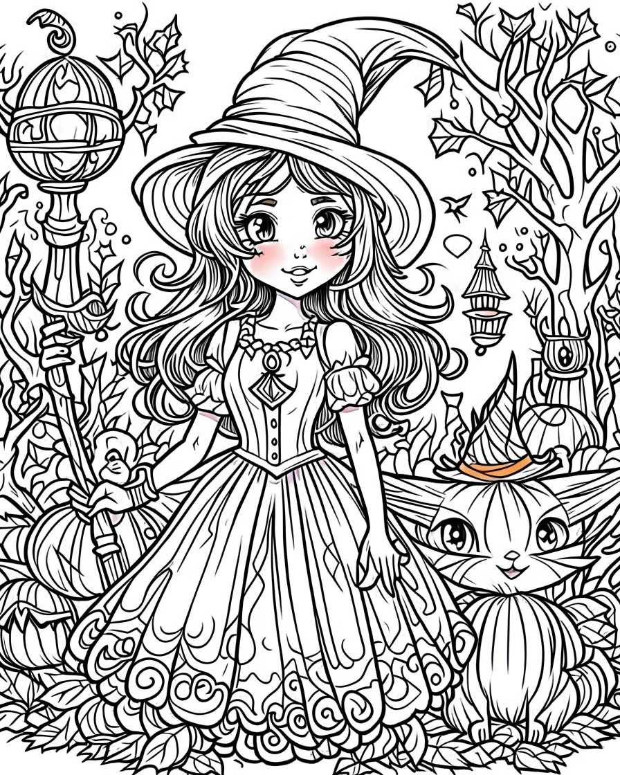 Generate a cute halloween fairy tales illustration, 4k resolution, cartoon-sticker style with clear lines on a pure white background suitable for a children's coloring book.