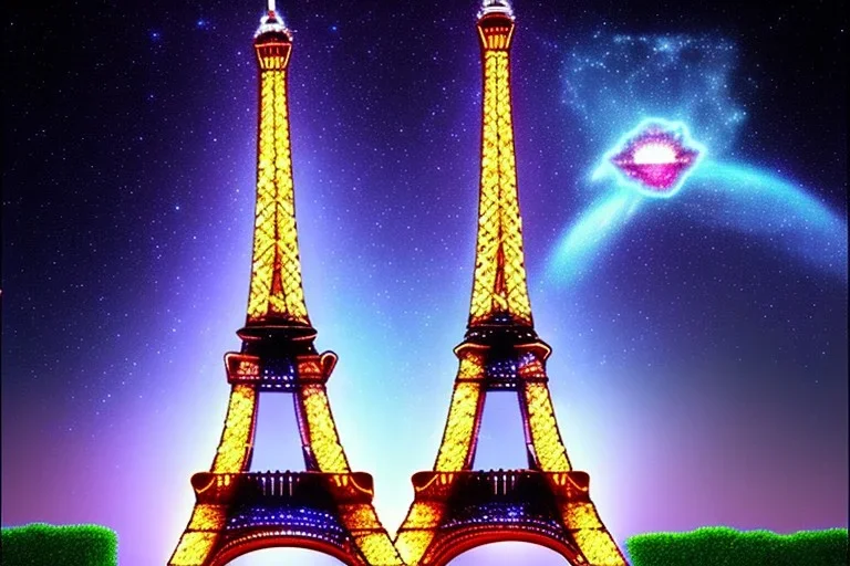 Eiffel tower made from diamonds . nebula in sky . flying cars passing by.