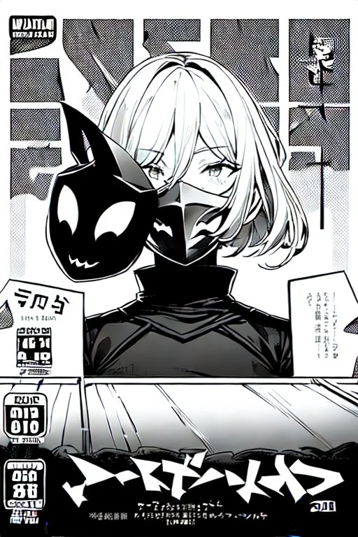 girl with demon mask in the middle of the room, line arts, manga cover, greyscale