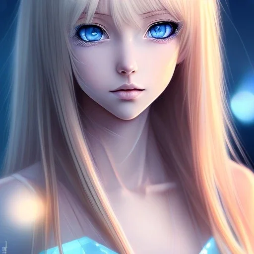 A realistic anime wifu character, blue eyes, full body, blonde hair, masterpiece, expert, hyperrealism, cleavage