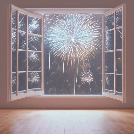 3d render of lawyer office, showing through the windows the new year fireworks outside, at night, hyper realistic, 4k