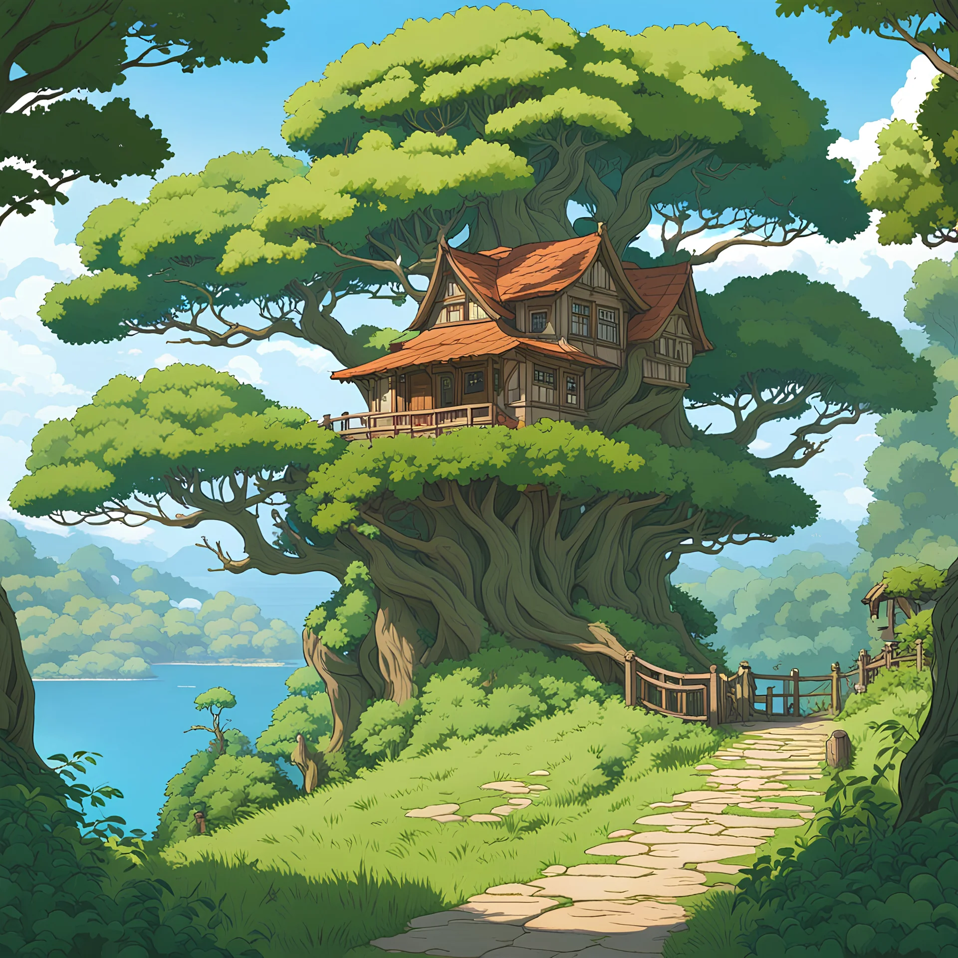 Sure, here's a concise and clear prompt for an AI image generator inspired by Ghibli and its art style: "Create a 2D illustration in the Ghibli art style depicting a side view of a landscape. The scene includes lush bushes with a large tree in the center, which doubles as a unique treehouse with roofs seamlessly integrated into its branches. The background shows a sunny day with a twinkling star-like light falling during daytime. Additionally, long shot angle