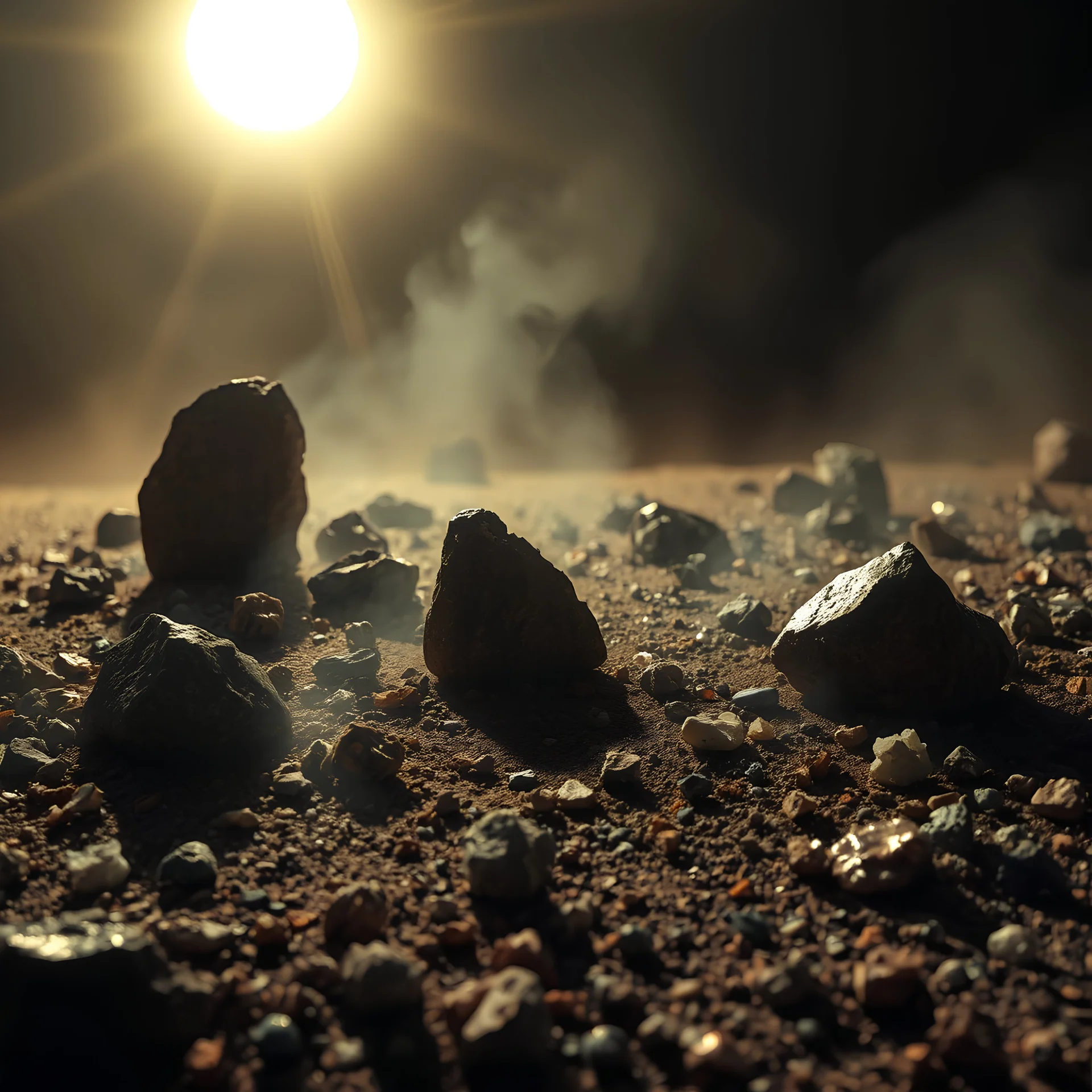 A striking quality close-up photograph captures a wasteland with odd stones, spooky, creepy, details of the dust very accentuated, glossy, organic, adorned with minerals and rocks, fog. Bathed in intense light, eerie, Max Ernst style, black sun, fog, volumetric light