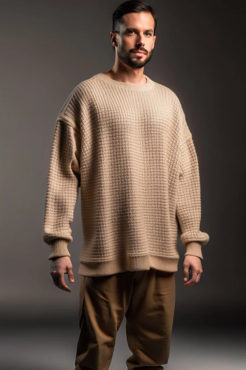 Man's large and long and beige knitted jumper in square shape and bell shape sleeves