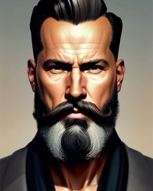 "MIddle aged white human male, with a trimmed but uneven beard, piercing eyes with slick back hair, full-scale head and shoulders portrait, 8k resolution concept art portrait by Greg Rutkowski, Artgerm, WLOP, Alphonse Mucha dynamic lighting hyperdetailed intricately detailed Splash art trending on Artstation triadic colors Unreal Engine 5 volumetric lighting Splash art fantasy"