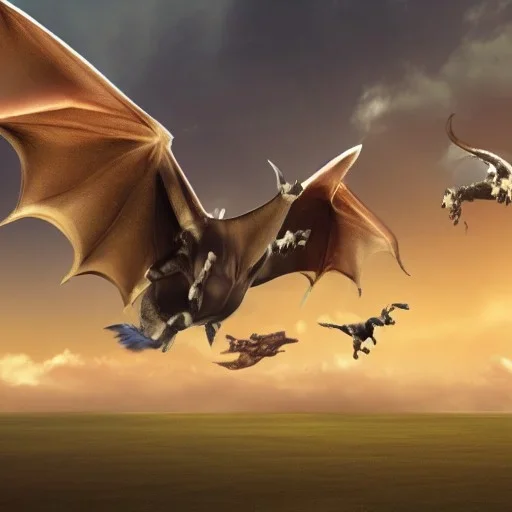 flying cows with wings fighting dragongs