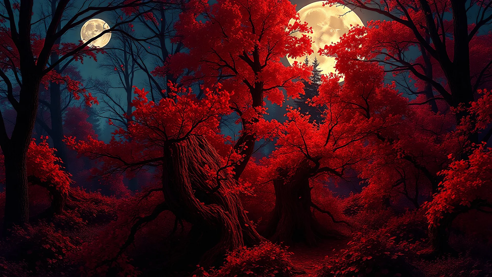 big gothic bakery, twisted red bushes, red purple bushes growing in Autumn colored forest, red orange, full moon, trees, flowers, fairy lights, night, 8k, high quality, trending art, trending on artstation, sharp focus, studio photo, intricate details, highly detailed, by tim burton