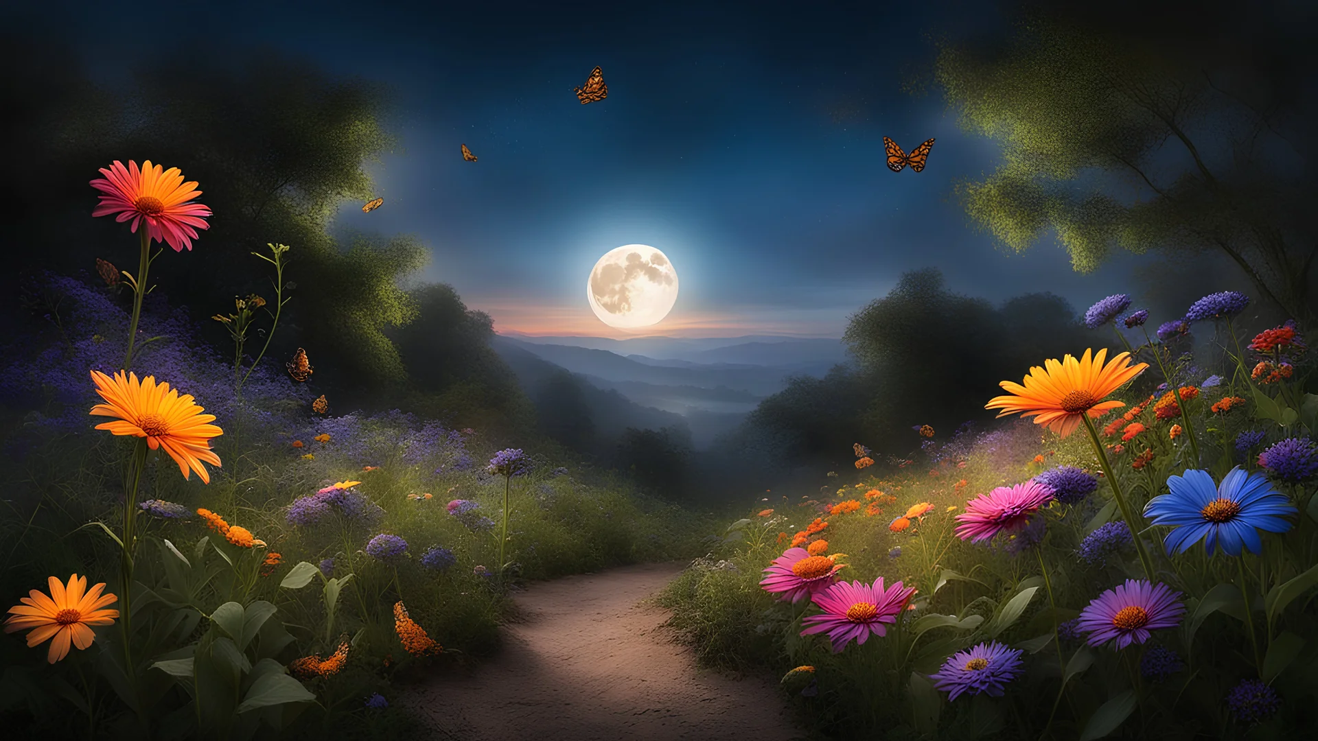 Award winning photograph. As the sun set, the sky turned black and the full moon became a bright light in the darkness of the night. The moonlight, like a magic beam, shone on the earth and the rainbow flowers, enhancing their beauty. The flowers, with their pleasant and fresh smell, hosted various butterflies and fireflies that danced and flew around. Many butterflies, colorful wings, beautiful, superb, gentleness, peace and happiness. Fireflies. Photorealistic, high resolution and detailed.