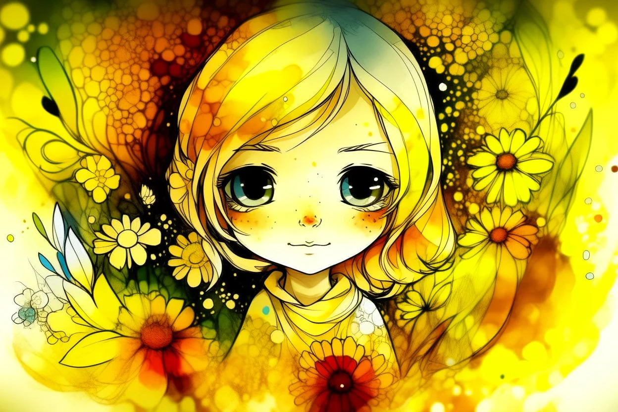 double exposure, merged layers, painted and burned burlap, cute chibi anime flower princess in a flowergarden, melting watercolor and black ink outlines on wet paper, soft, shading strokes, in sunshine, ethereal, otherwordly, cinematic postprocessing, bokeh, dof