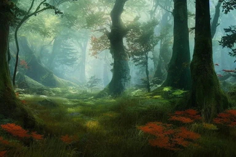 a beautiful and colourful forest by greg rutkowski, sung choi, mitchell mohrhauser, maciej kuciara, johnson ting, maxim verehin, peter konig, final fantasy , 8k photorealistic, cinematic lighting, hd, high details, atmospheric