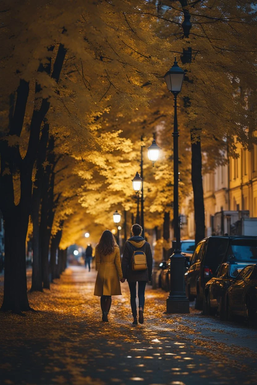 night yellow lights over the street trees autumn leaves under feet ,a Student adult girl with books in her hand walking in street looking to camera a boy who loves her flowing her from distance back