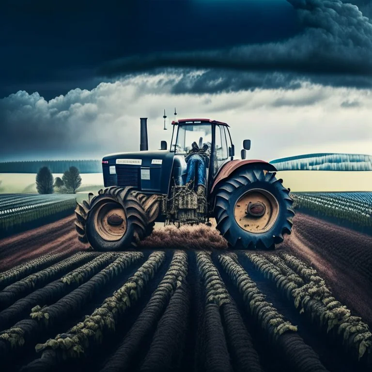 A farmer wearing denim overalls and wearing black rubber boots is plowing an agricultural field with a tractor, in the background hills of vineyards, a forest and a large barn, cloudy sky, lunch time, outdoor shot, cinematic, 12K, 1024X1026 pixelowers,types of flowers with name