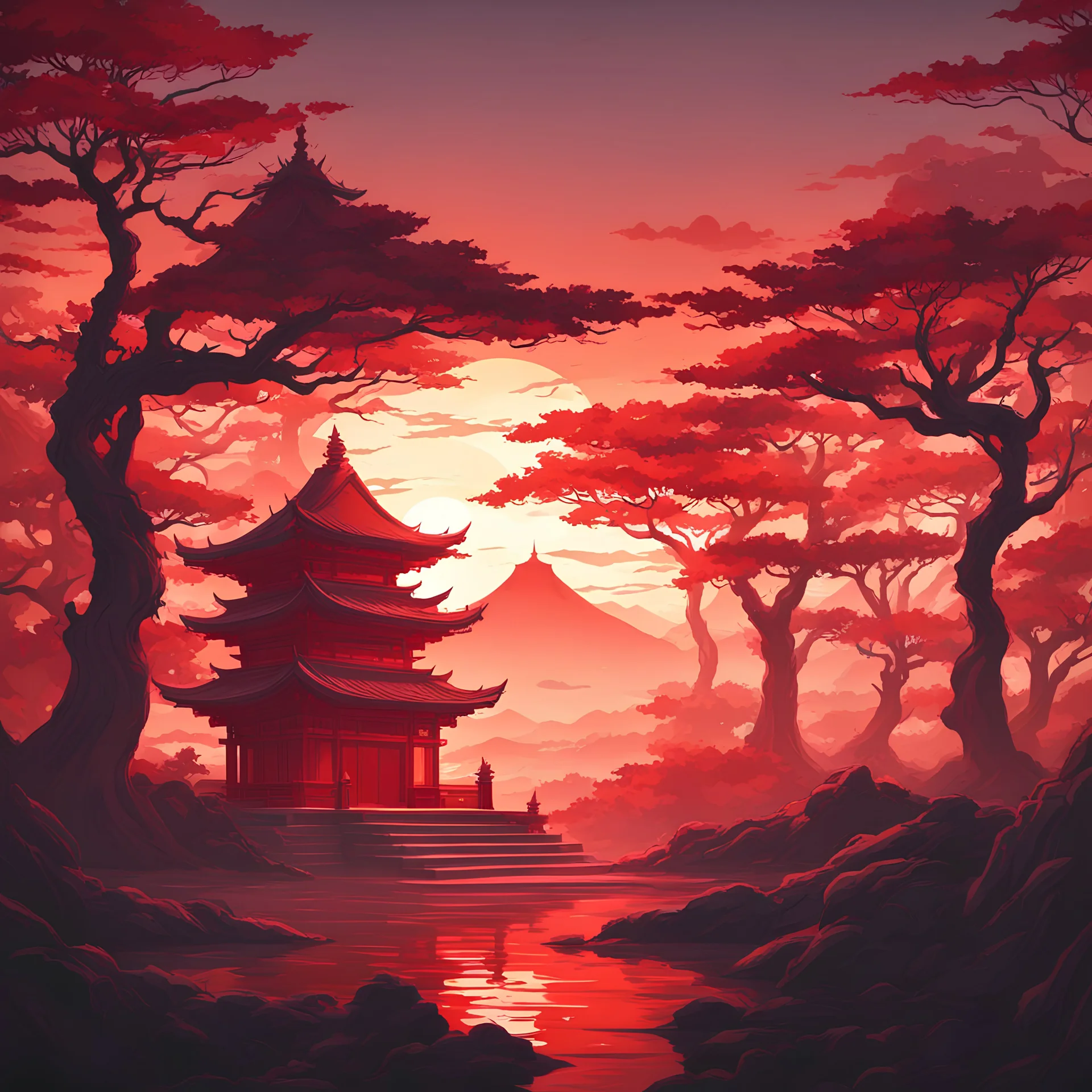 morning sunrise ninja red temple with trees