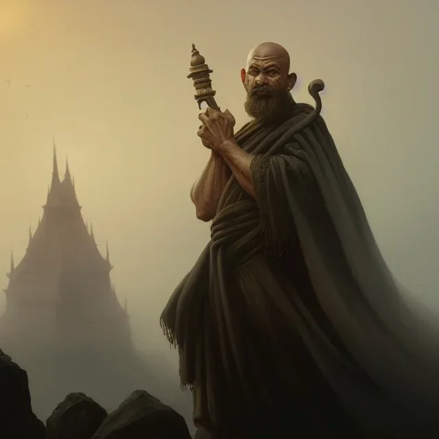 Portrait of a monk, fog, distant temple, profile, grim, dark, Frank Frazetta, Greg Rutkowski, hyperdetailed, dnd, trending on Artstation, Splash screen art, dynamic lighting, hyperdetailed, intricately detailed, a masterpiece, 8k resolution, high contrast, bearded,