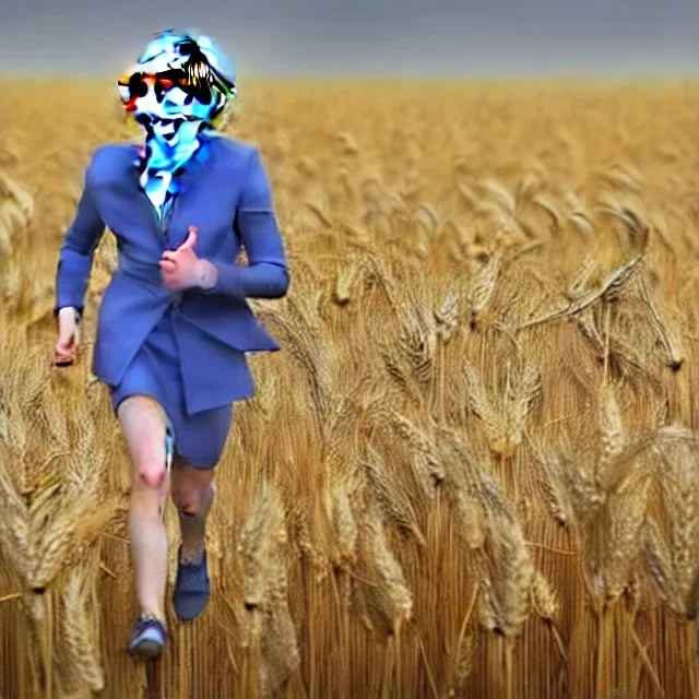 theresa may as a robot, running through fields of wheat, sunshine, daytime, dystopian