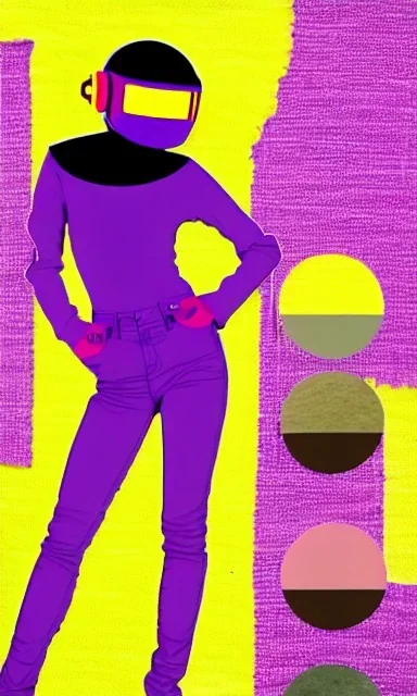 Photo of Asa akira. Camouflage colors are terracotta, cream and purple, lilac and Cream latex, imperial yellow, red plum. Baggy jeans! plant print.European daft punk woman. Mantle is sewed of recycled Denim and sewed together of recycled polymer felt. lace, Yellow(Munsell) areas. hint of orange as effect color!!Big bright purple/khaki felt tippet and cream or blue or lilac colored-hood. mantle is merged with satchel. . AKG-style headphones (gold rings!) is merged with felt cap, cyan small visor.