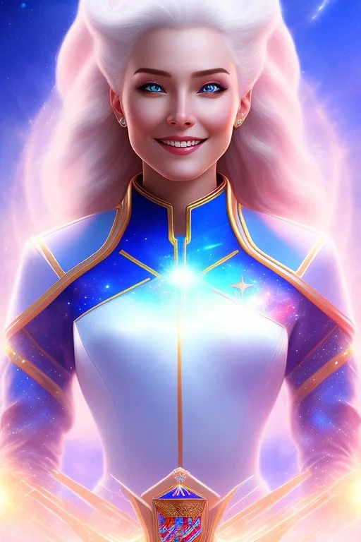 cosmic young woman admiral from the future, one fine whole face, large cosmic forehead, crystalline skin, expressive blue eyes, blue hair, smiling lips, very nice smile, costume pleiadian, rainbow ufo