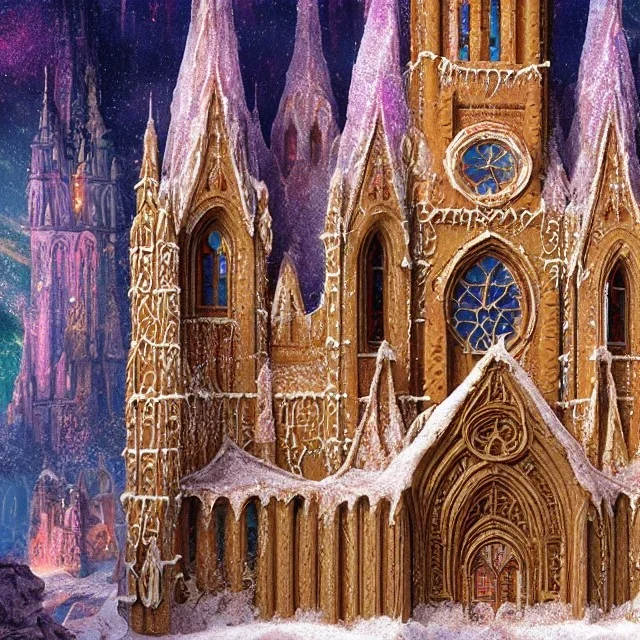 cathedral made of gingerbread with vibrant rock candy as windows, frosting, 8k resolution, centered, high-quality, ultrafine-detail, ornate, digital art, volumetric lighting, 3D octane render, brian froud, howard lyon, George Grie, greg rutowski,