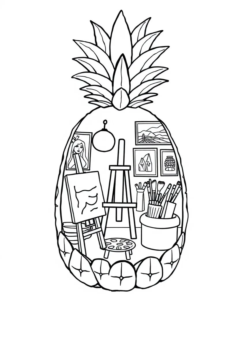 Pineapple Cozy Art Studio Coloring Page: A pineapple cross-section displaying an art studio. Features an easel, paint palettes, brushes, and artworks hung on the walls.