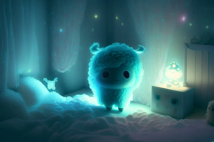 bioluminescent chibi alpaca fairy in a bedroom in starshine, mist