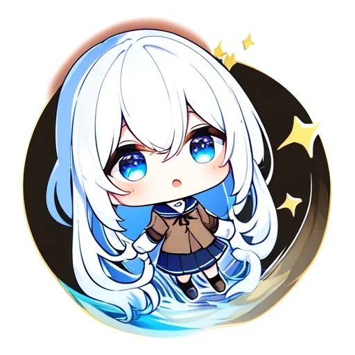 Clear focus, High resolution, long white hair, hair between eyes, straight long locks, sparkling blue eyes, wearing a sailor uniform, wearing a sailor skirt, wearing a brown vest, cute, 1girl, fluffy hair, cute, chibi, cartoon, rough line art, white background