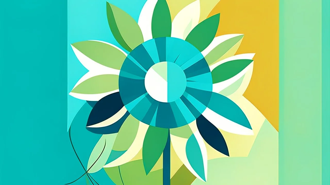 A digital illustration of a flower and a sun. Style is abstract with simple 2d shapes. Colors are light blue, dark green and light grey.