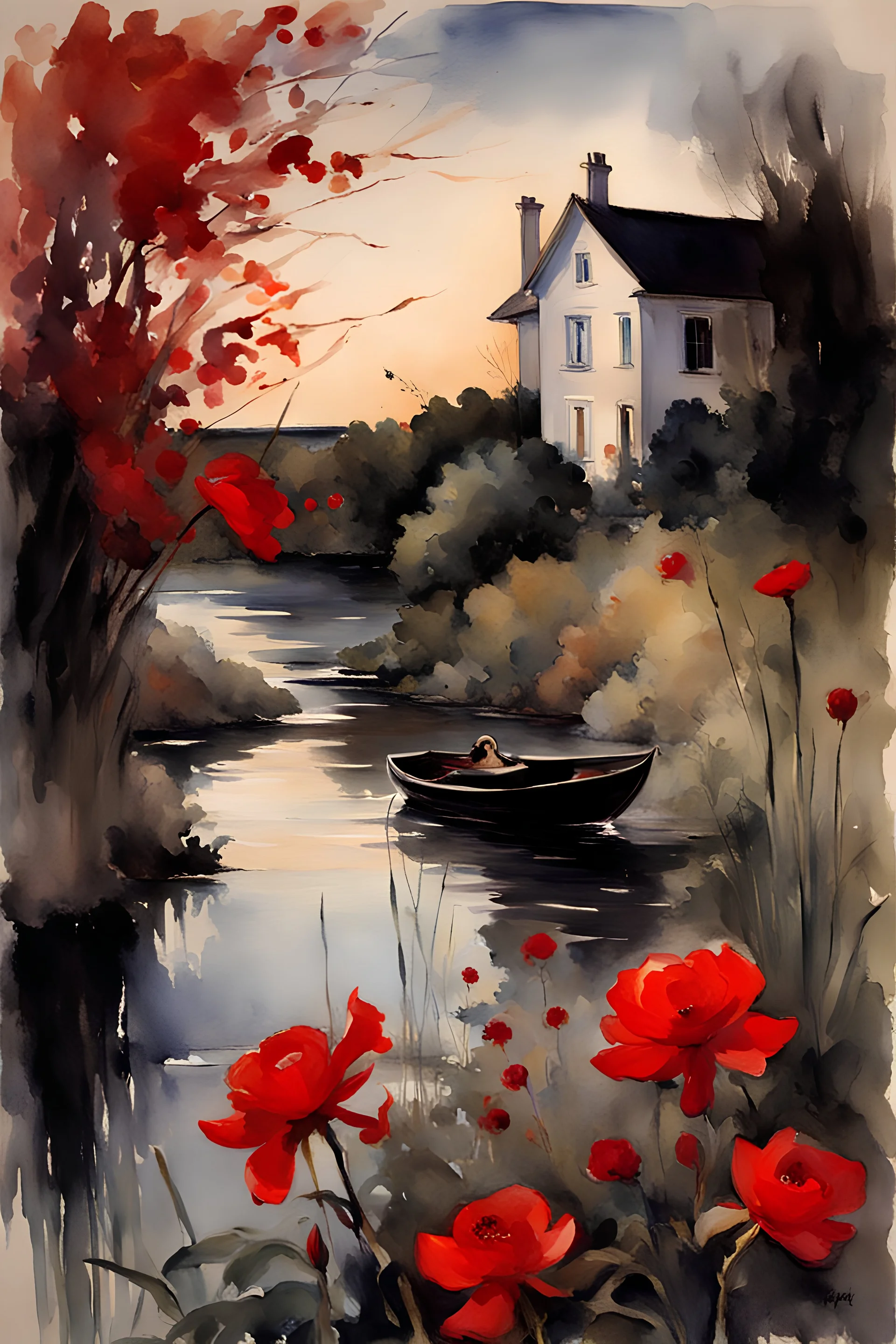 Night, one woman, distant house, red flowers, river, gothic horror films influence, john singer sargent watercolor paintings