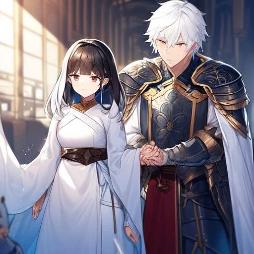 Girl with white hair wearing white robes. Boy with black hair wearing leather armor