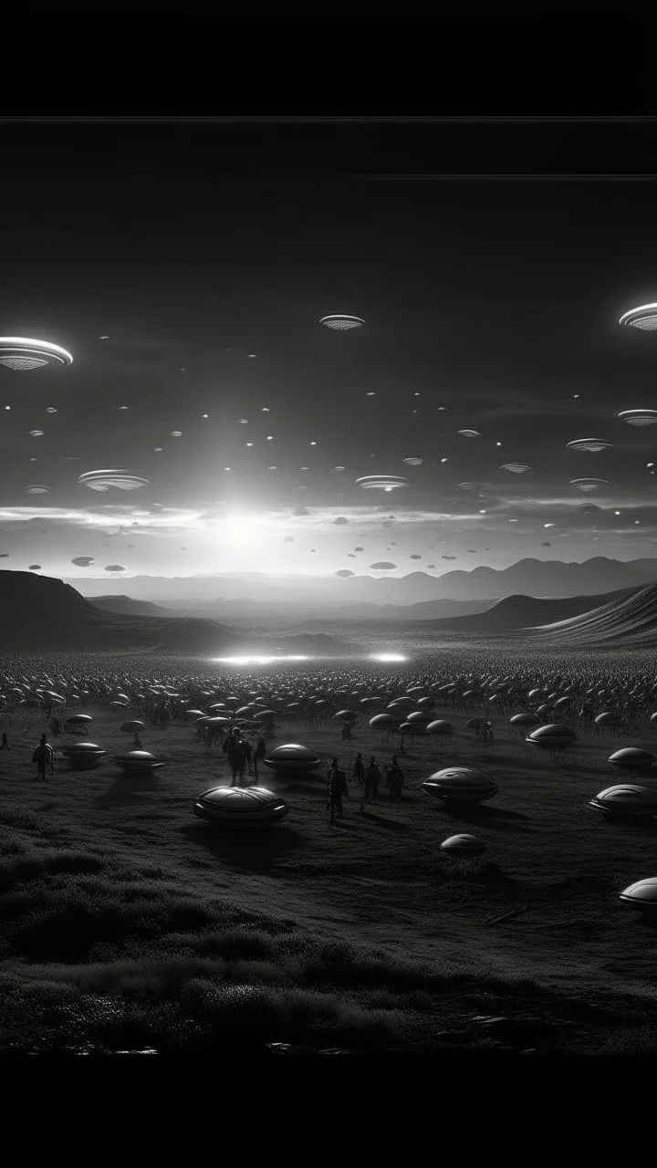 A land filled with hundreds of aliens in a bright light at the end of the picture a ufo object , cinematic, 8k, in black and white, fine line draw
