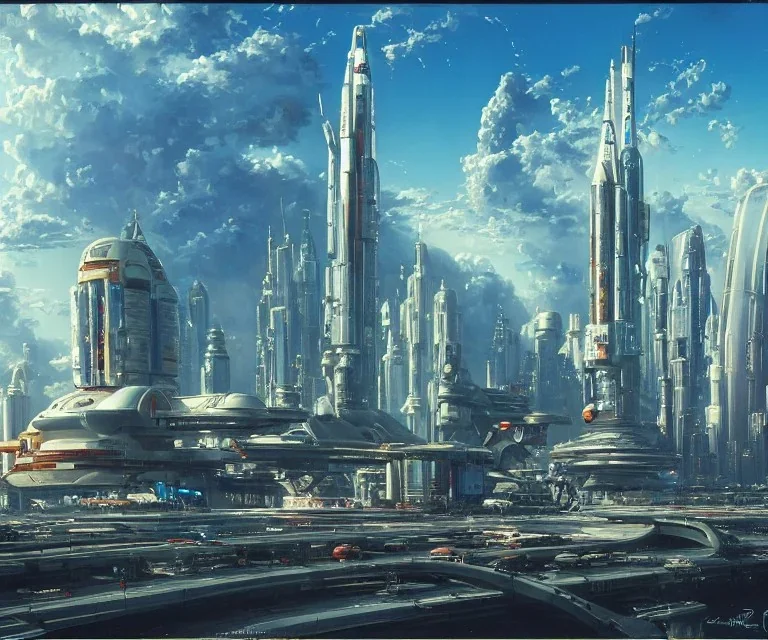 Space Center on a heavy industrialized planet with a futuristic city in the background and a docked spaceship in the foreground, retrofuturistic, art by John Berkey, buildings with glass facades, brutalist architecture, insanely detailed, vibrant, 8k uhd, cinematic atmosphere, ultra-wide angle, street level view, brush strokes, blue sky with clouds, sharp focus