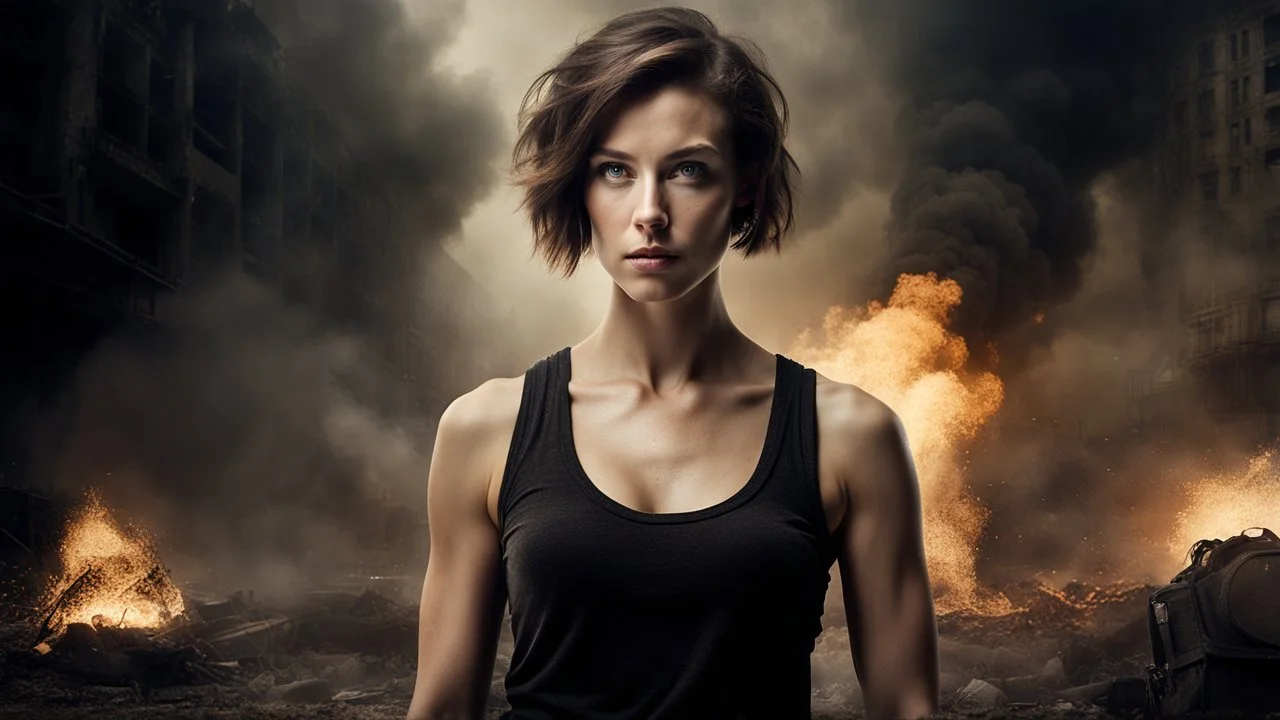 beautiful slender caucasian female technician with a knife, black tank top, well toned muscles, weathered face, scratched sand camo metal details, short brunette wavy bob haircut, dystopian, postapocalyptic city scene with smoke and explosions