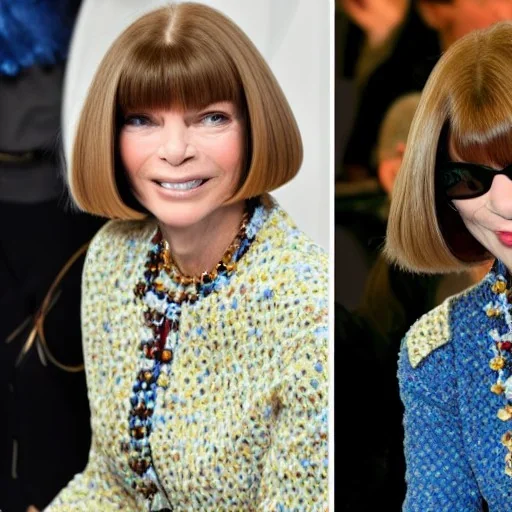 anna wintour with dark brown hair in a ponytail, blue eyes, happy, lego, steampunk