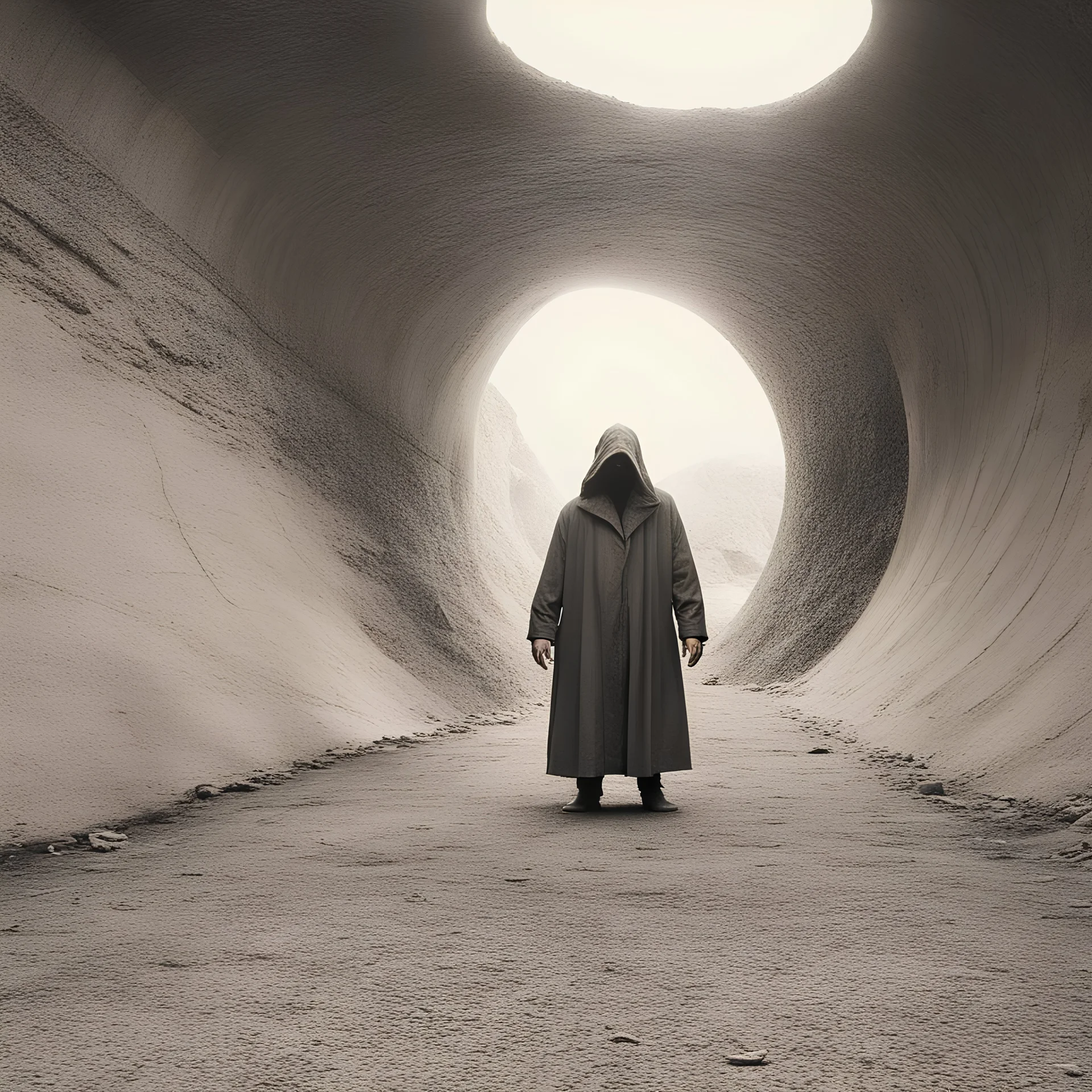 A cowardly masked man hides his face and only his eyes are visible Hidden in a tunnel in the ground