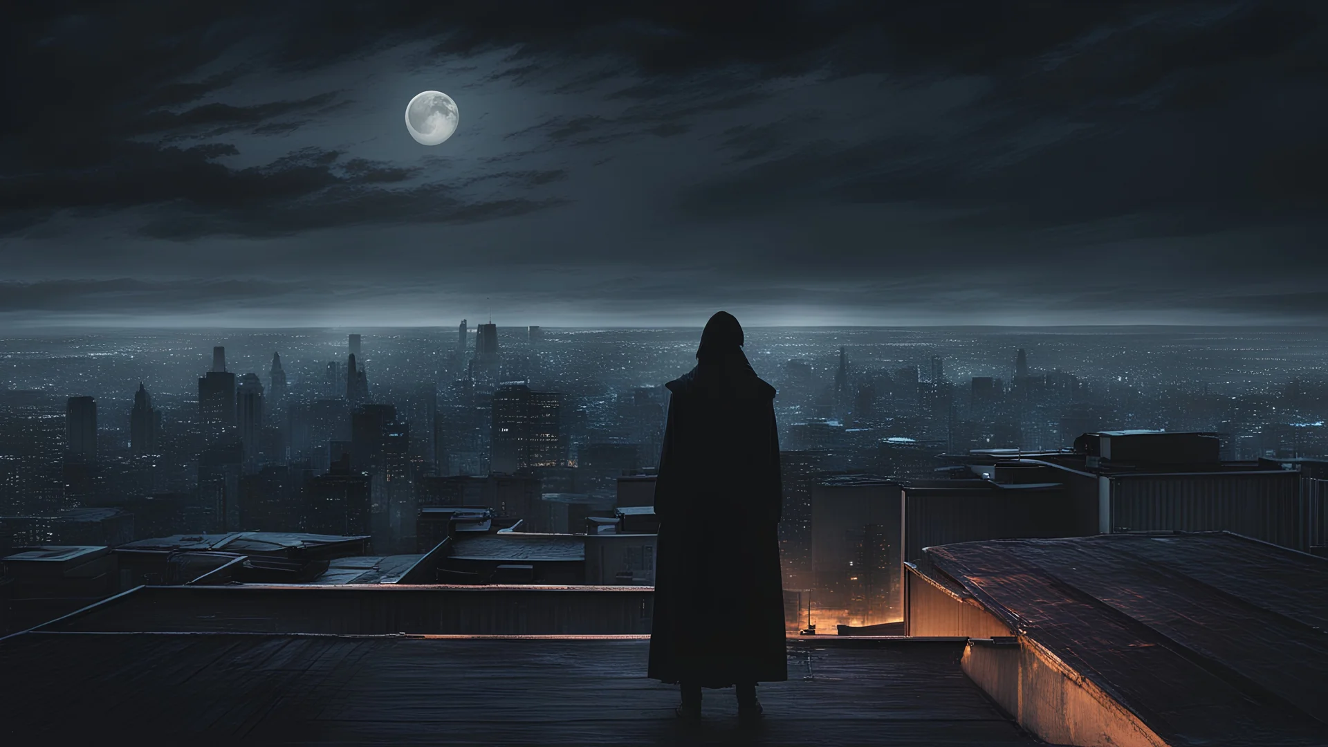 A solitary figure standing on a rooftop, surrounded by a dusky cityscape, their scream reverberating through the stillness of the night, conveying a sense of both catharsis and desolation.